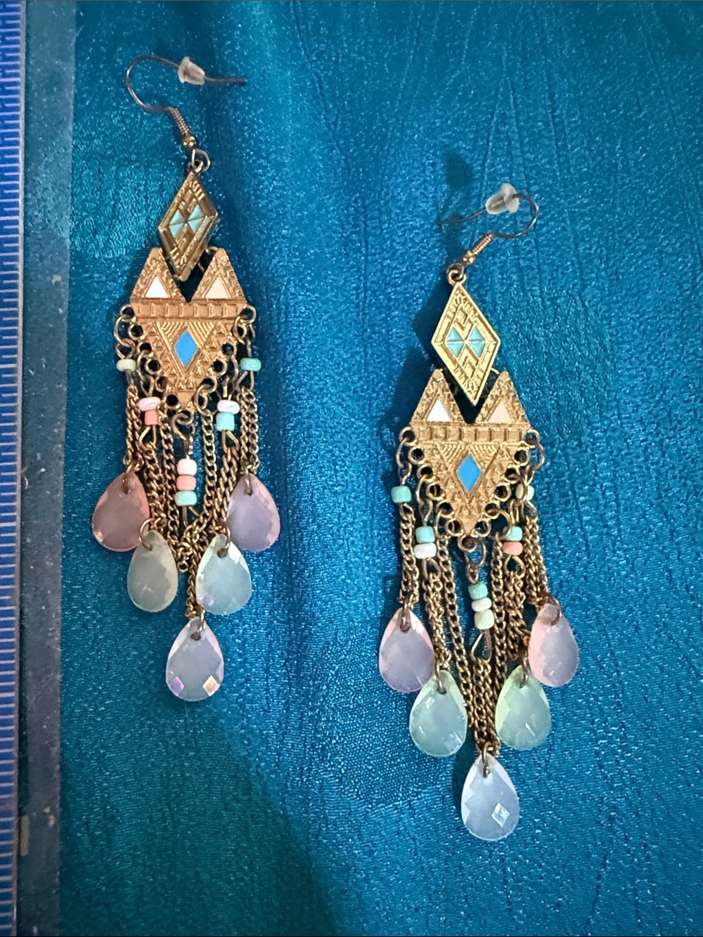 Bohemian Gold Chandelier Earrings with Pastel Beads